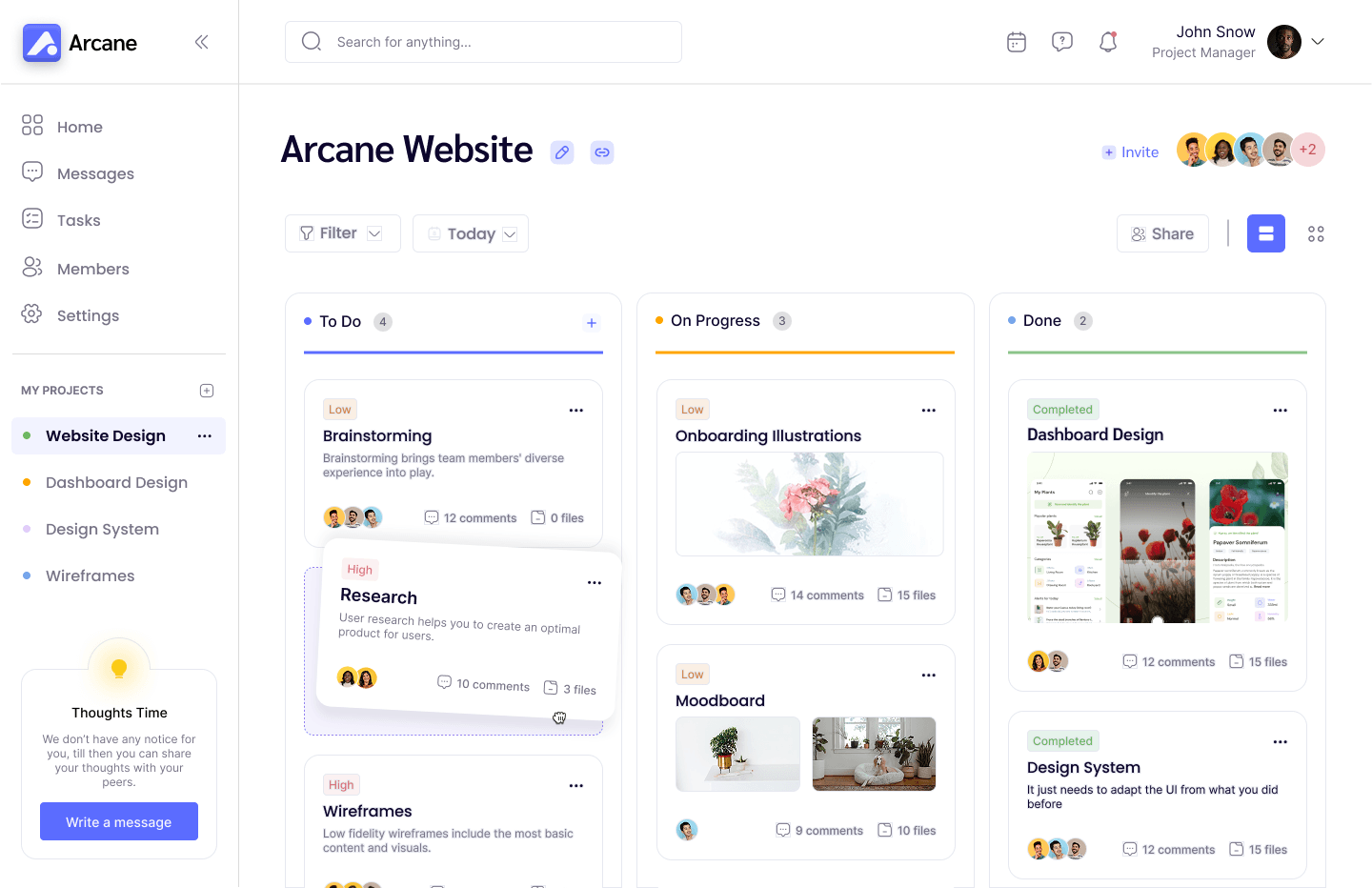 The Arcane dashboard showing a kanban board with To Do, On Progress, and Done columns for the Arcane Website project.