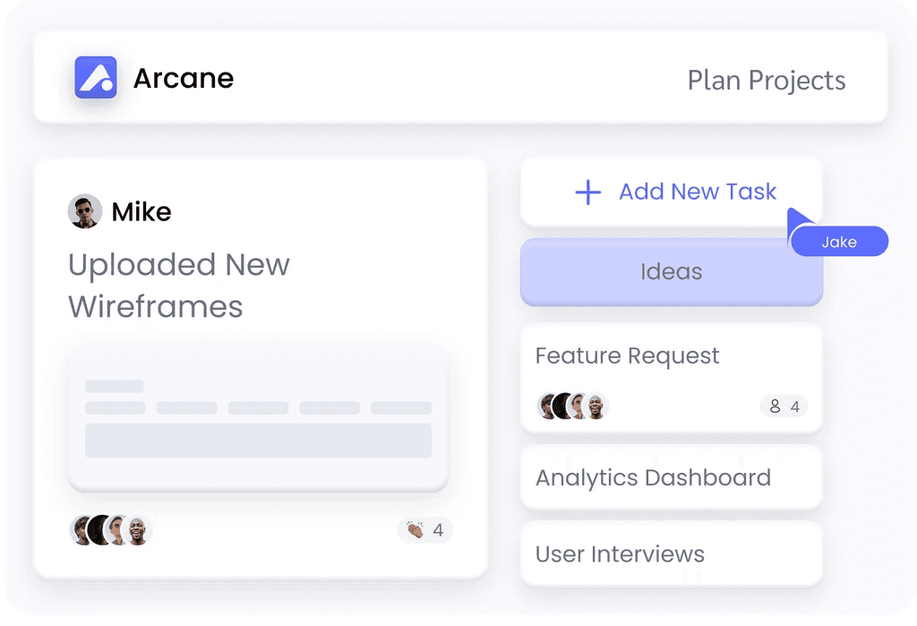 An Arcane board where a teammate's uploaded wireframes sit beside an Ideas column of queued tasks.