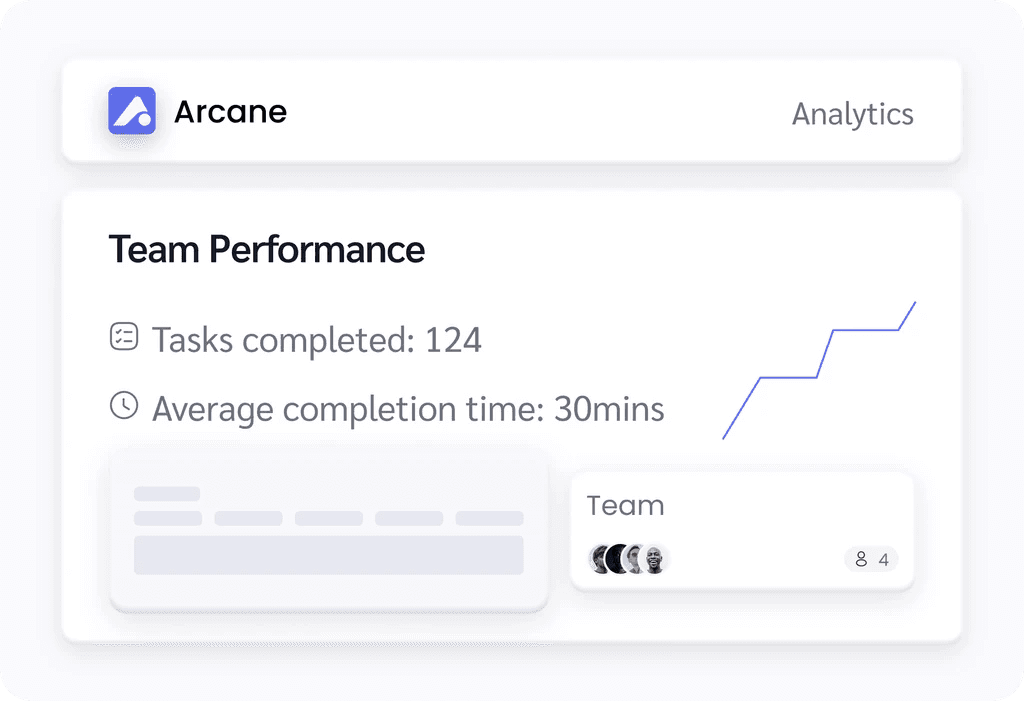 An Arcane analytics panel showing team performance, tasks completed, and average completion time.