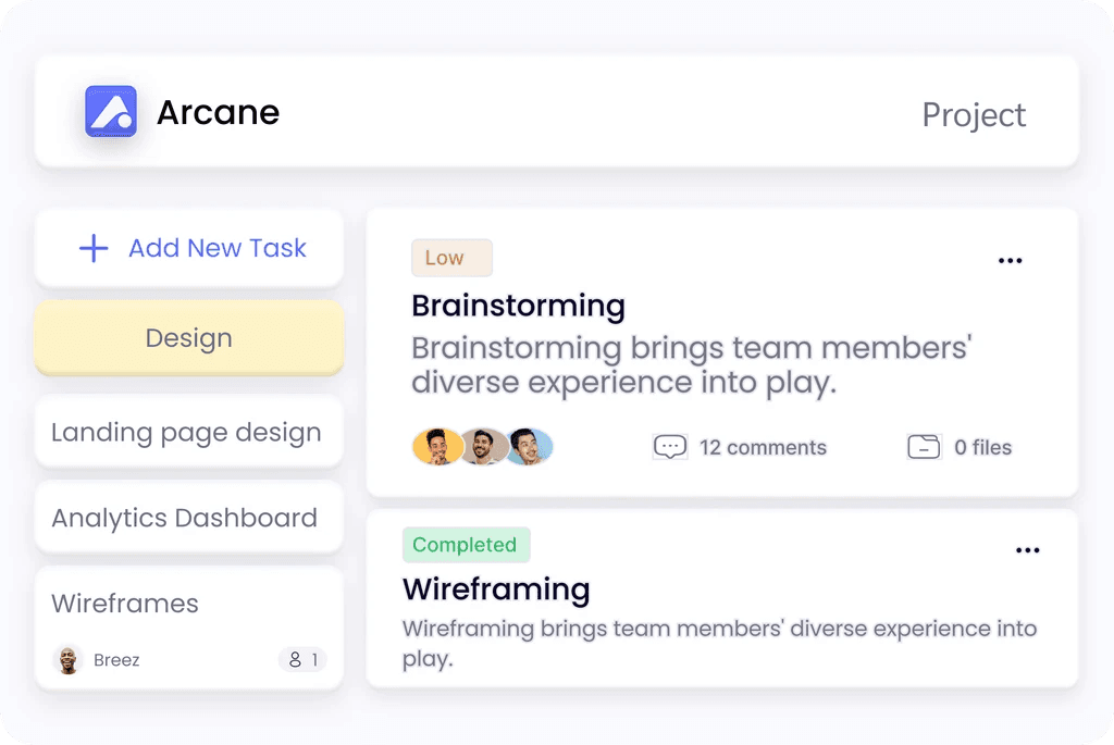 An Arcane project view listing Design, Landing page design, and Wireframes beside detailed task cards.