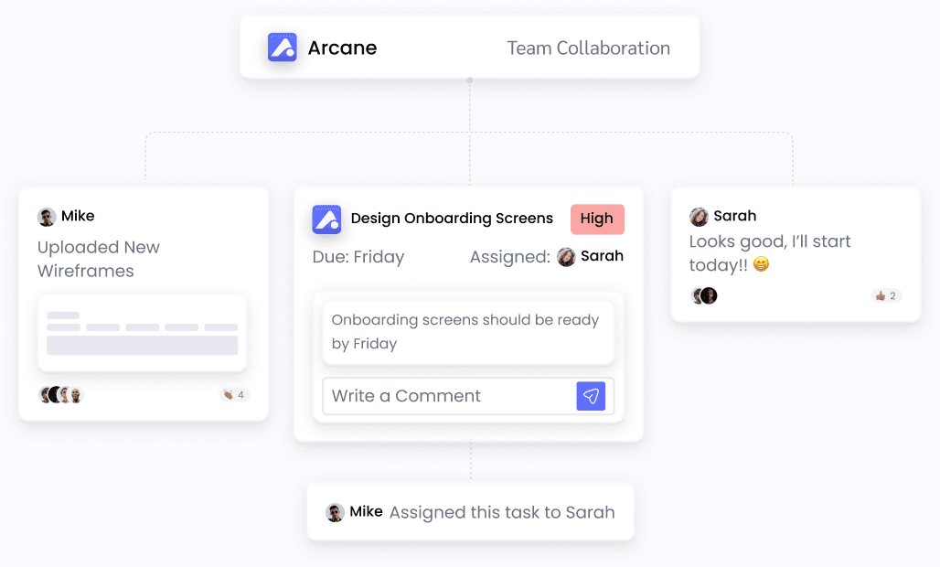 An Arcane task card with a threaded comment, an assignment to a teammate, and an activity trail below it.